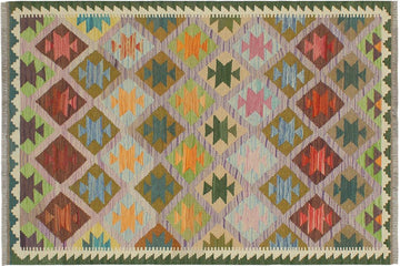 Flat Weave Kilim, Antique, Navaho, Vintage, Handmade, Geometric Kilim Purple Green Hand-Woven Rectangle 100% Wool Area Rug 4 x 5